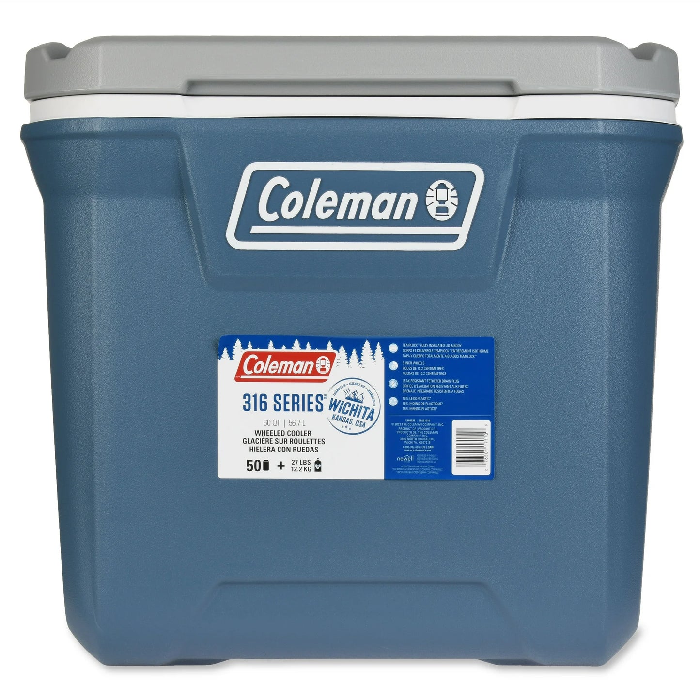 316 Series 60QT Ice Chest Rolling Cooler with Wheels, Lakeside Blue